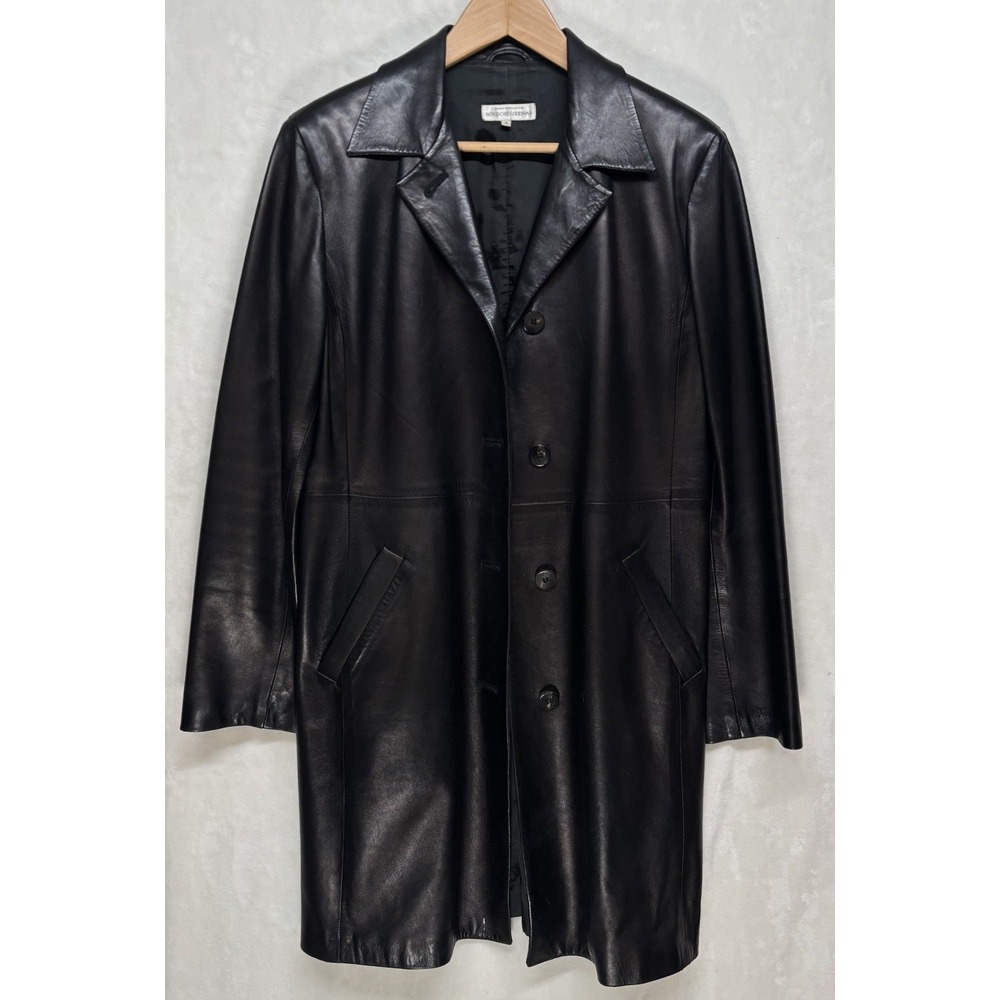 Vtg 90's Bergdorf Goodman Womens Black Classic Leather Long Jacket 8 Italy